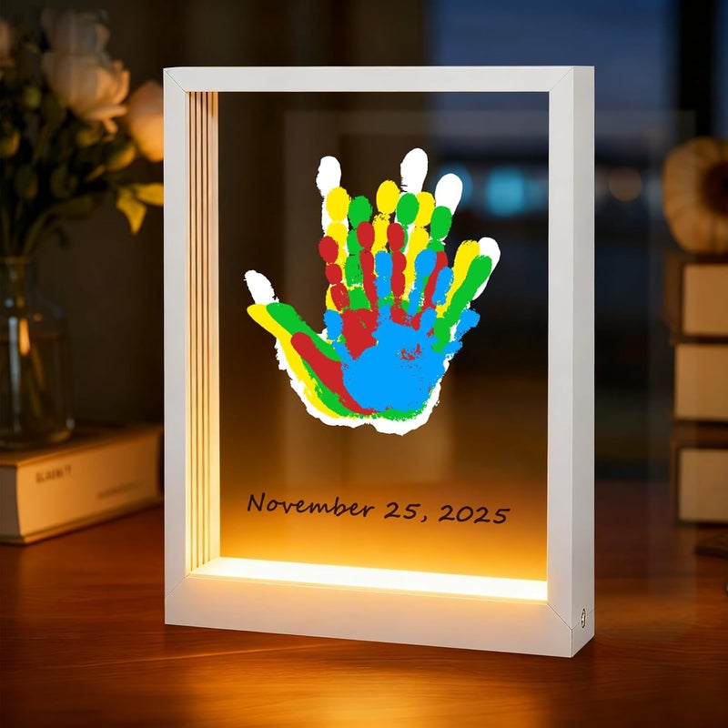 Bixinyo Family Handprint Kit with Light, Baby Hand and Footprint Keepsake Wooden Frame, Family Gifts for New Parents, Christmas, Mom & Baby, Grandparents, Adoption Gifts, 5 Non-Toxic Paints (White) - Image 1